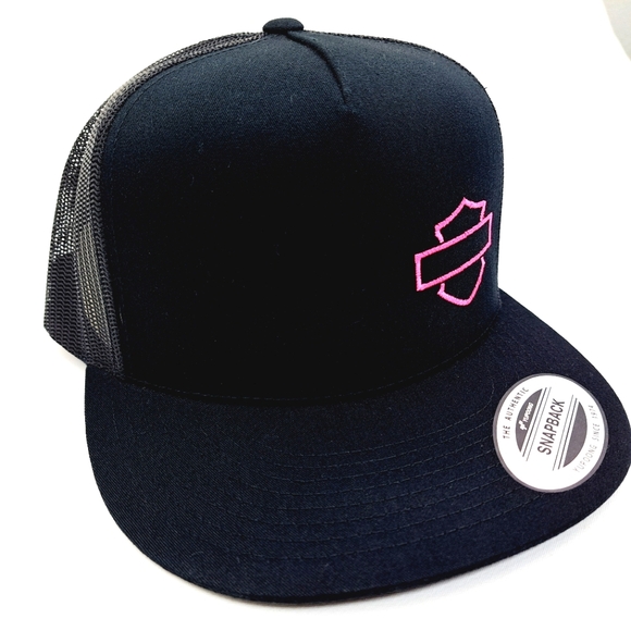 Harley Bar & Shield Flat Bill Snapback Baseball Cap Hat Black Embroidered - Picture 3 of 4